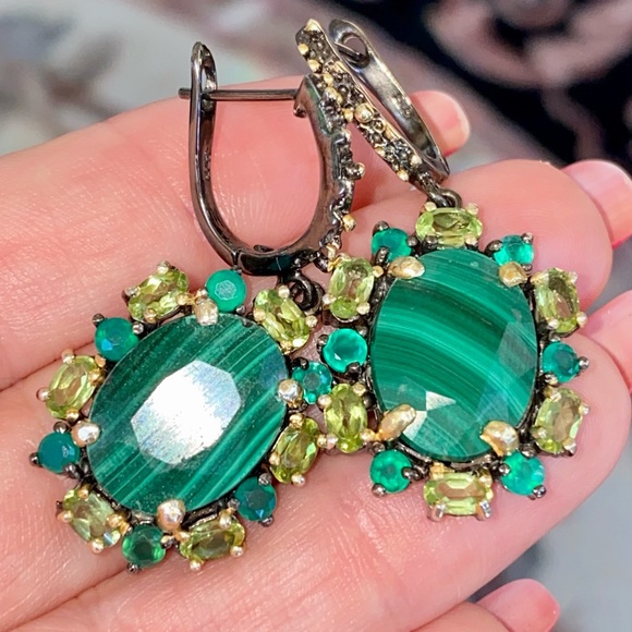 Royal Genuine Malachite Earrings with Gemstone Accents - Picture 10 of 14